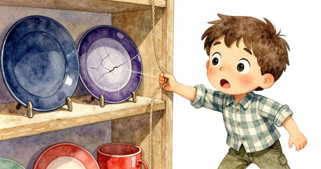 米洛驚訝見到屋內盤子傾倒,玻璃盤片清晰破裂,現場刻劃瞬間危機與家族回憶。