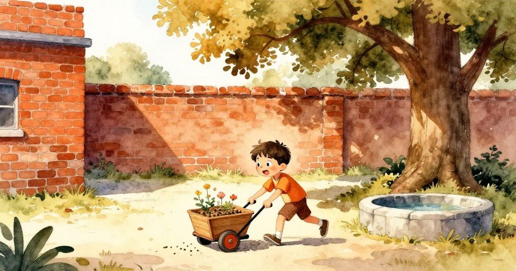 Elias推著小木車走在古樸庭院中，臉上充滿期待，陽光和橡樹營造出溫暖的自然氛圍。