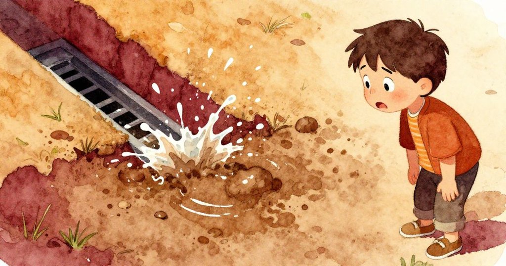 小鳥視角下泥土因水流轉變成泥濘，Elias在邊緣表情驚訝，環境細節與暖色調相映襯。