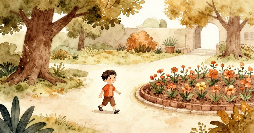 從高處俯視庭院，全景展現彎曲小徑、老樹與細節，Elias沿徑向前，畫面充滿探索與決心。