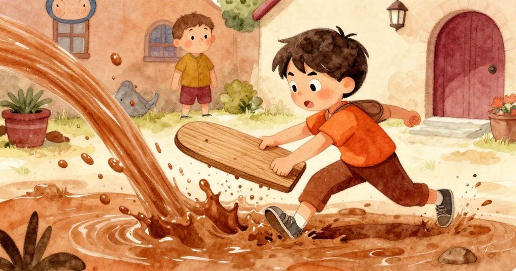 Elias急速搶板阻擋泥濘水流，臉上展現堅毅與專注，庭院環境中泥水與暖色調激盪出戲劇張力。