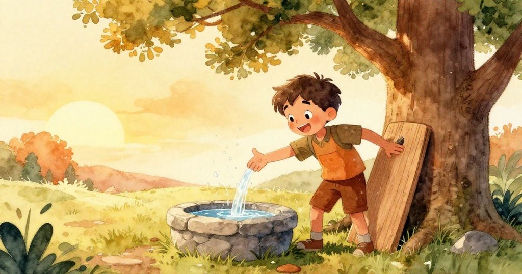 Elias臉上滿是輕鬆微笑，靠著橡樹與木板，夕陽映出溫暖庭院，象徵任務完成與圓滿結局。