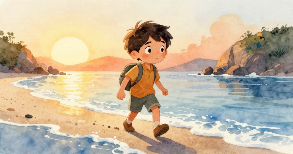 米洛在黎明時分走上狹窄的沙洲，海浪輕拍鞋子，朝陽溫暖照耀背景中岩石半島，展現期待與決心。