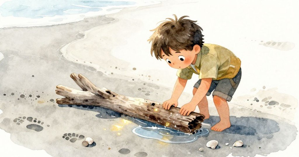 米洛彎腰推開滑溜的木枝，赤腳踩在閃亮濕沙上，滿含堅定的神情，沙灘上散落著破碎貝殼與足跡。