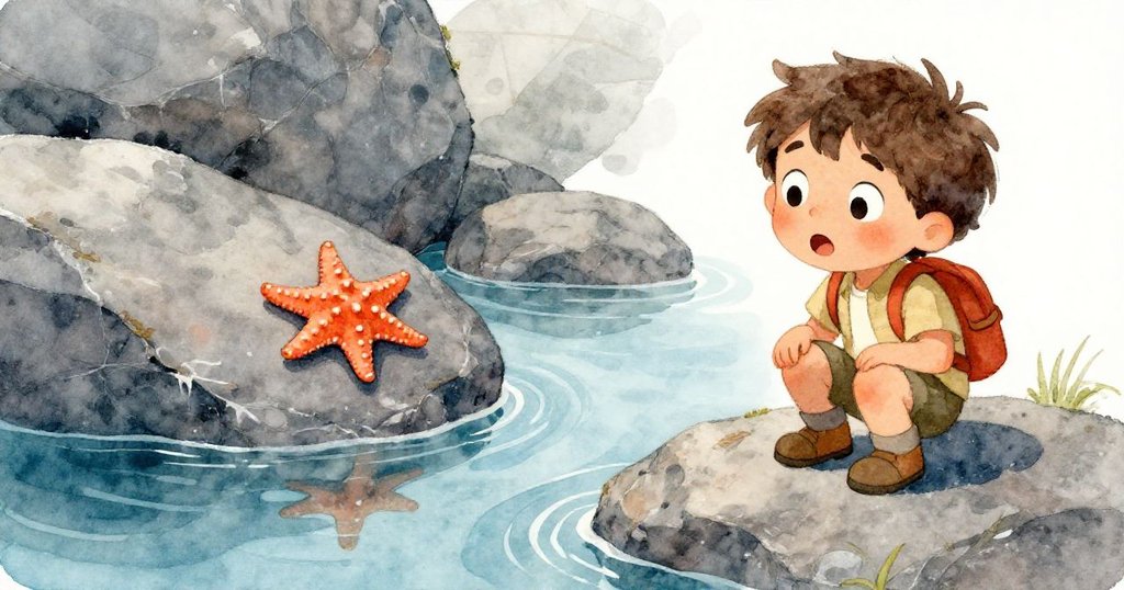 米洛站在光滑的玄武岩上，水面映出他驚訝的神情與陰影中明亮的橙色海星，一刻充滿奇遇與美麗。