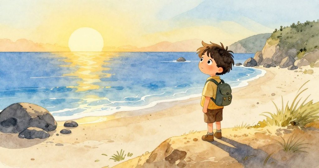 米洛站在高沙丘上眺望寬闊海灘，海潮湧動與散落岩石呈現遼闊景色，他凝視遠方，思索前行之路。