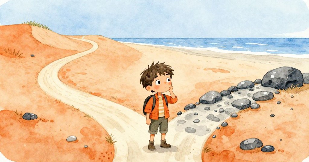 米洛站在岔路口，在蜿蜒沙丘與滑溜玄武岩小徑間猶豫，神情充滿考慮與猶豫，兩條路徑各具風貌。