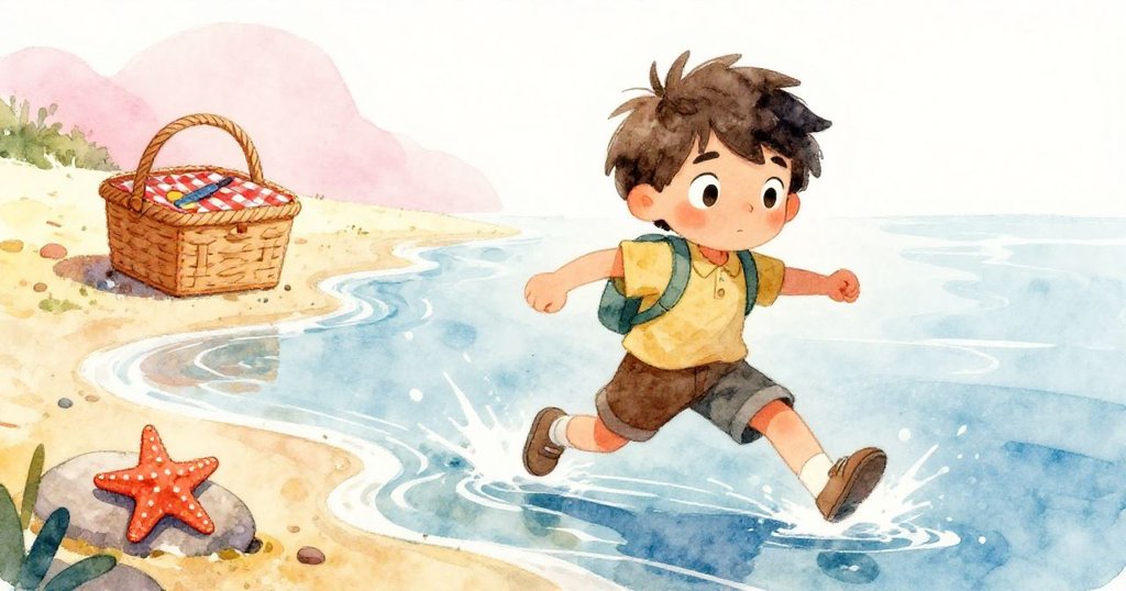 米洛滿懷決心地衝向閃亮的海水旁，一隻橙色海星閃耀於石上，他準備取回岸邊等待的野餐籃，神情堅毅又期待。