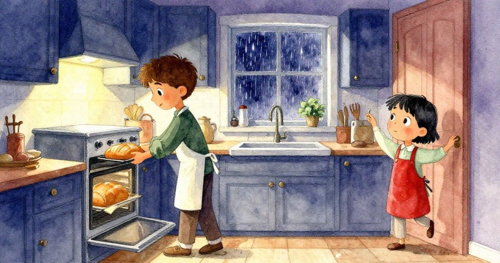 Mateo和Iris在溫馨廚房忙碌，Mateo正取出熱麵包，Iris開櫥櫃，雨聲與柔光營造平靜期待的氛圍。