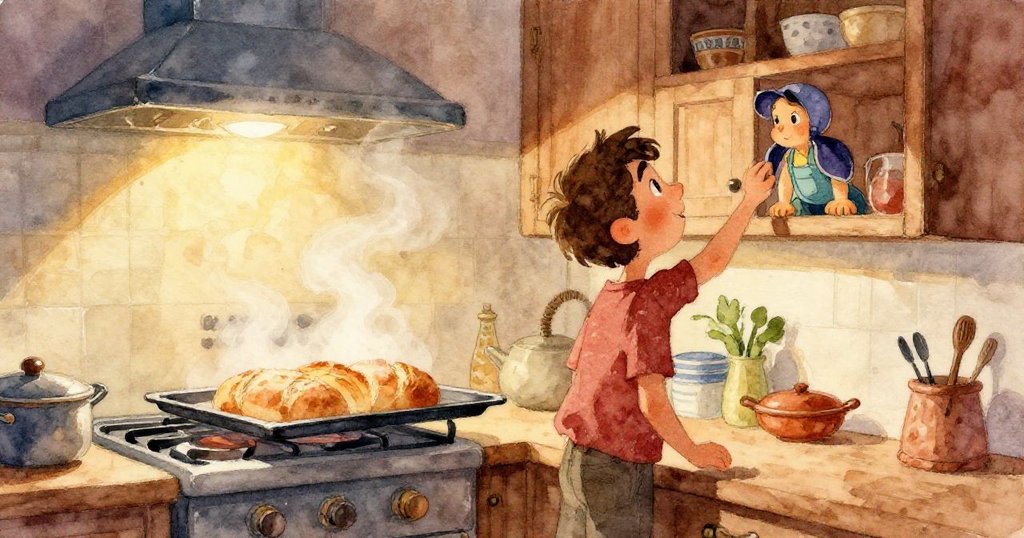 Iris的手在溫暖廚房中輕輕觸碰水槽上搖晃的旋鈕，動作細膩透露著即將變化的預感。