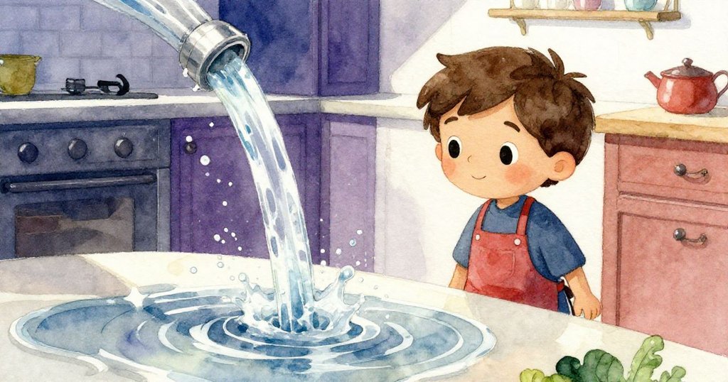 Mateo旁邊水流湧出形成倒影，瓷磚上反映出廚房混亂與光影交錯，情緒瞬間變化。