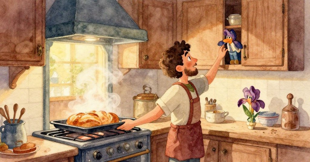 窗外大雨與落葉飛舞進入廚房，呈現秋季氛圍，雨滴與室內暖光交織，營造自然浪漫氣息。