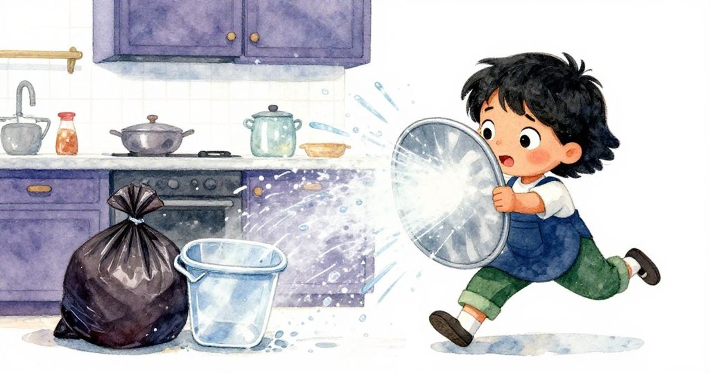 Iris驚慌中用垃圾桶抵擋急湍水流，垃圾袋與塑料容器在廚房中滑動碰撞，氣氛緊張。