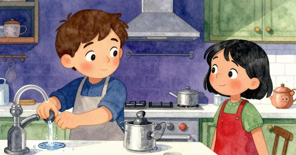 Mateo扭動旋鈕止水，Iris臉上露出舒心笑容，廚房中水跡漸消，呈現意外過後的溫暖重聚。