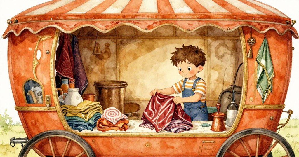 在舊馬戲團車廂中，Lucas正在整理五彩繽紛的道具，充滿歷史氣息，充滿忙碌和好奇的神情。