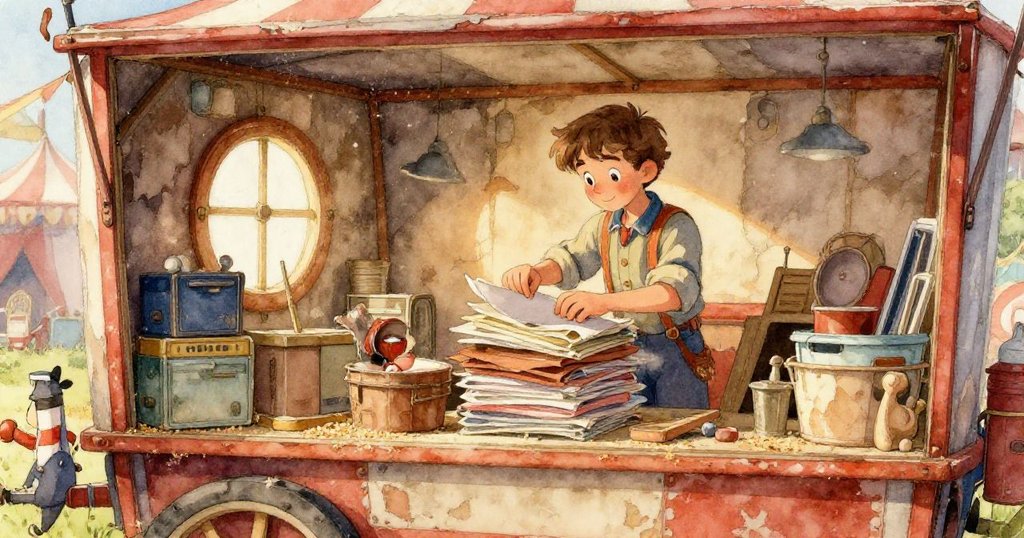 Lucas小心拾起一塊褪色紅手帕，上面依附著一根輕盈白羽，細膩質感令人感受到溫暖回憶。