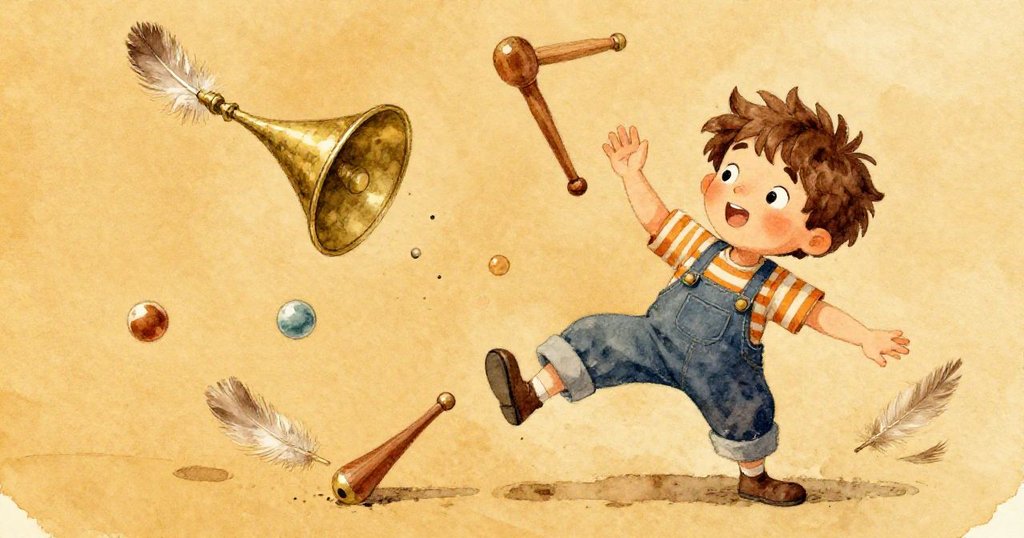 Lucas輕輕掠過紅手帕，白羽飄向銅製雜技偶，動感角度下物品連鎖倒轉，充滿俏皮與驚奇。