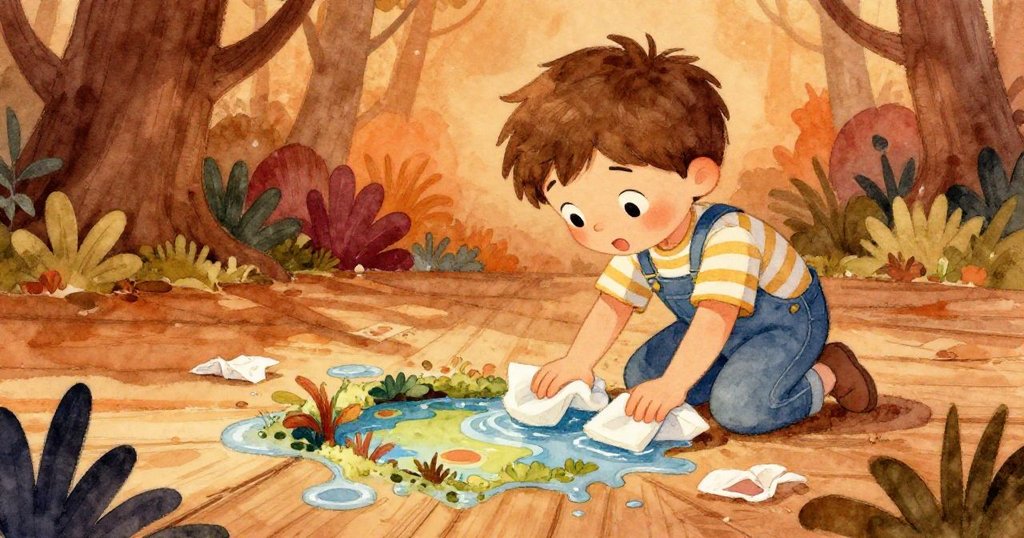 Lucas迅速下跪，用備用手帕築成小壩，揭示出洗去塵埃後浮現的綠棕藍色秘密樂園，滿懷驚喜。