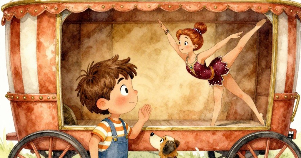 Lucas和進來的雜技演員與她的狗互相微笑，感謝團隊合作，溫暖光影中展示了重新發現秘密畫作的喜悅。