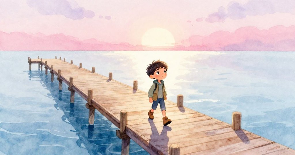 Cal在夕陽映照下的木製碼頭上漫步，背景呈現柔和粉色與淡紫色天空，身影投射出長長的陰影。