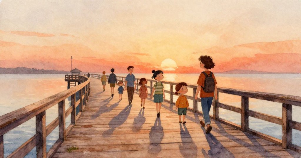 Cal驚訝地望著傾倒水晶彈珠，臉部特寫展現出震驚與好奇，夕陽微光映襯著木製碼頭。