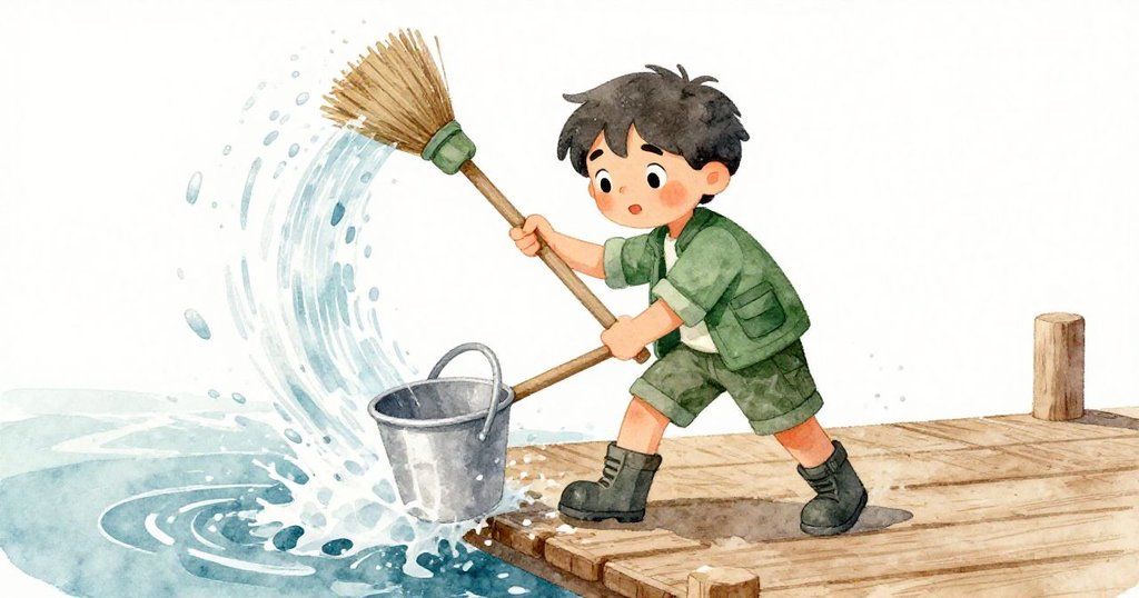 Cal緊張快速地操作掃帚和水桶阻擋流動水流，木製碼頭上展現出動感場面，表情認真且充滿活力。