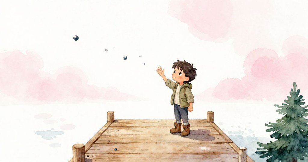 Cal在寧靜木碼頭邊微笑揮手告別散落彈珠及水跡背景，柔和粉白與松綠色調呈現平靜結局。