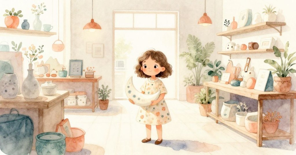 Lara站在小書店窗邊，手持月亮陶瓷書擋，臉上帶著期待微笑，室內晨光溫暖，故事開始展開。