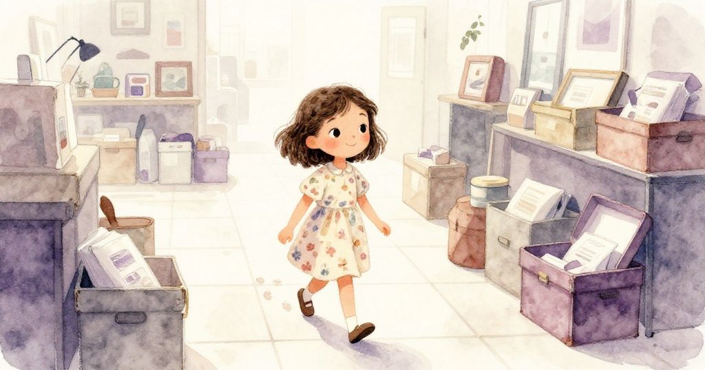 Lara在書店鋪著地磚的區域輕步前行，留下一連串柔和腳印，周圍擺放著老書盒與紙箱，神情專注。