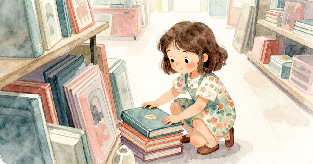 Lara從高角度蹲下用力推動傾斜書本，專注神情明顯，細膩展現調整動作，突顯書店溫馨氛圍。