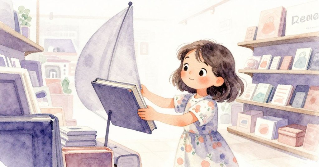 Lara調整最上層書本，如同駕馭紙帆迎風，神情專注與喜悅，室內晨光和窗外都市輪廓隱現。