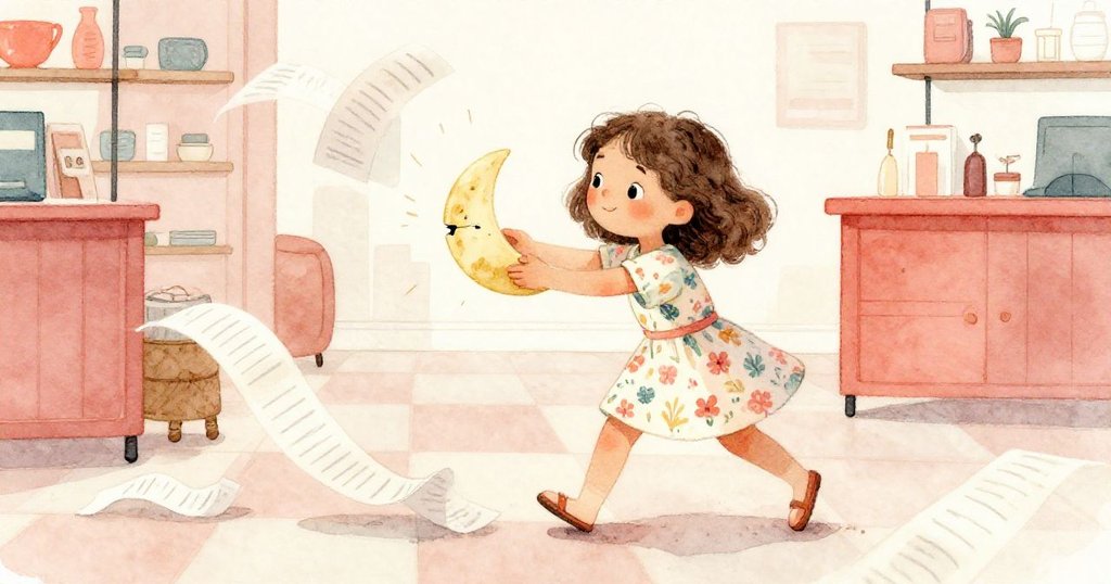 Lara迅速推送月亮書擋入縫隙，隨風紙片如絲帶飛舞，場景動感十足，表情果斷溫暖。