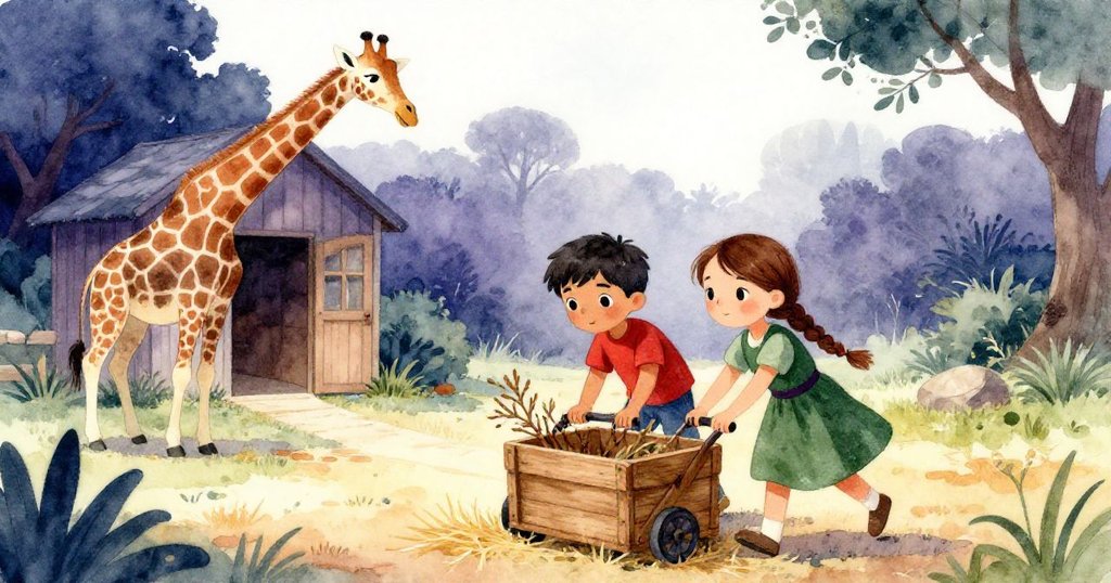 動物園清晨，Leo與Mira於長頸鹿房前推木箱，伴濕稻草與晨光，兩人表情堅定展現冒險精神。