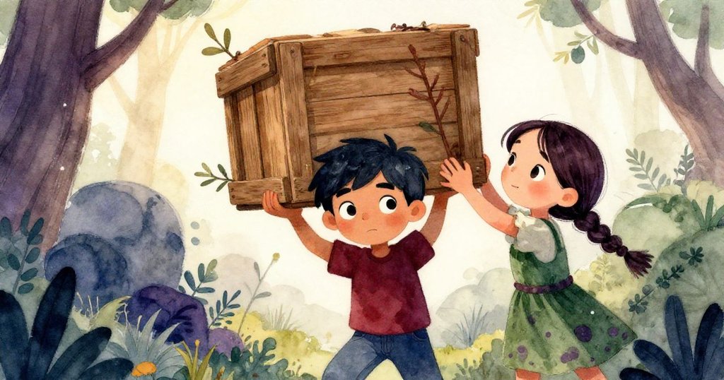 低角度視角，Leo努力舉起木箱，Mira指示方向，背景晨光映照，展現合作奮鬥與英勇氣概。