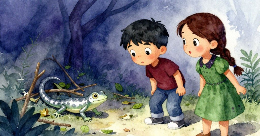 在樹枝與落葉堆的小角落中，小蜥蜴閃現出現，Leo與Mira驚訝凝視，隱密中蘊含微妙神秘感。