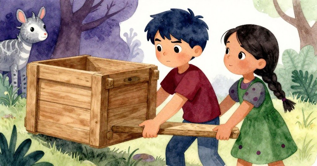 Leo與Mira認真調整木箱與支撐板，表情堅定、動作協同，展現出共同克服困境的決心。