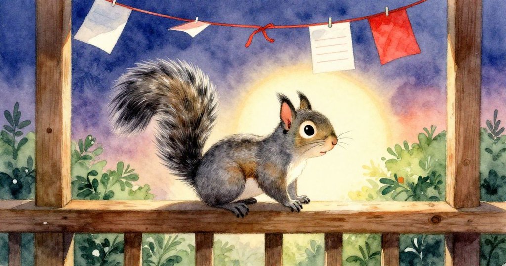 小灰松鼠在晨光中輕快降落在木製走廊上，與飄動的絲帶和派對裝飾互動，表情好奇而生動。