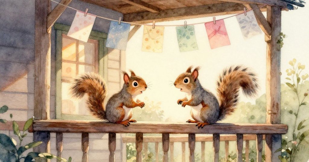 小灰松鼠好奇地查看開著的樹屋內，金屬瓶和舊便當盒在傾斜架上互動，充滿溫馨家庭氣息。