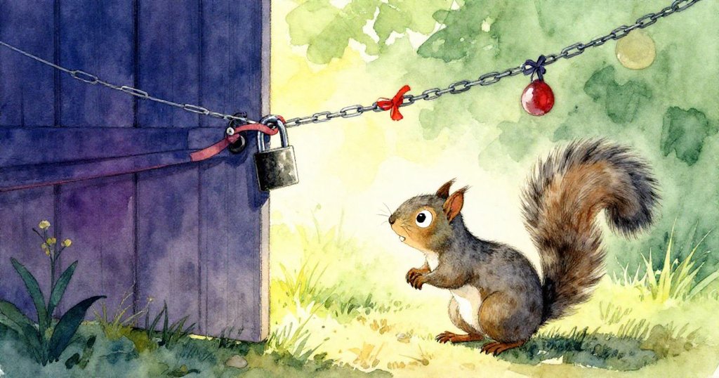 小灰松鼠用力拉扯絲帶，低角度拍攝中顯示背景甦醒的木棚門旋即大開，情緒充滿驚訝與活力。