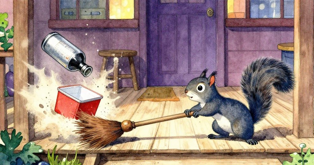 小灰松鼠急忙推開掃帚，阻止便當盒沿木階滑動，飛揚塵土中表現出果斷與緊張情緒。