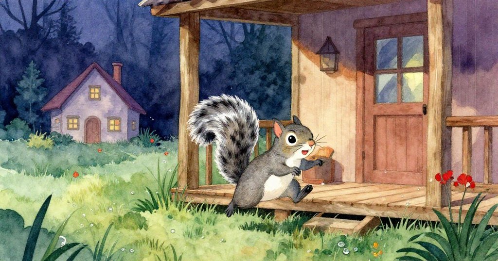小灰松鼠快樂地躍出門檻，跳進濕潤青草中告別溫馨的家園，充滿輕盈與自在的情感。