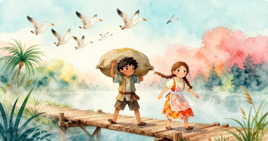 Ben與Mira站在狹窄的霧氣木橋上，背負穀物，頭頂群雁飛翔，展現清晨村莊活力。