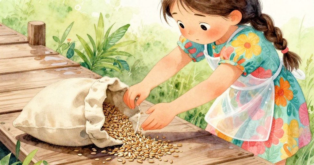 Mira蹲下專注收集從撕裂麻布中灑落的種子，手部特寫展現細膩紋理與勇氣。