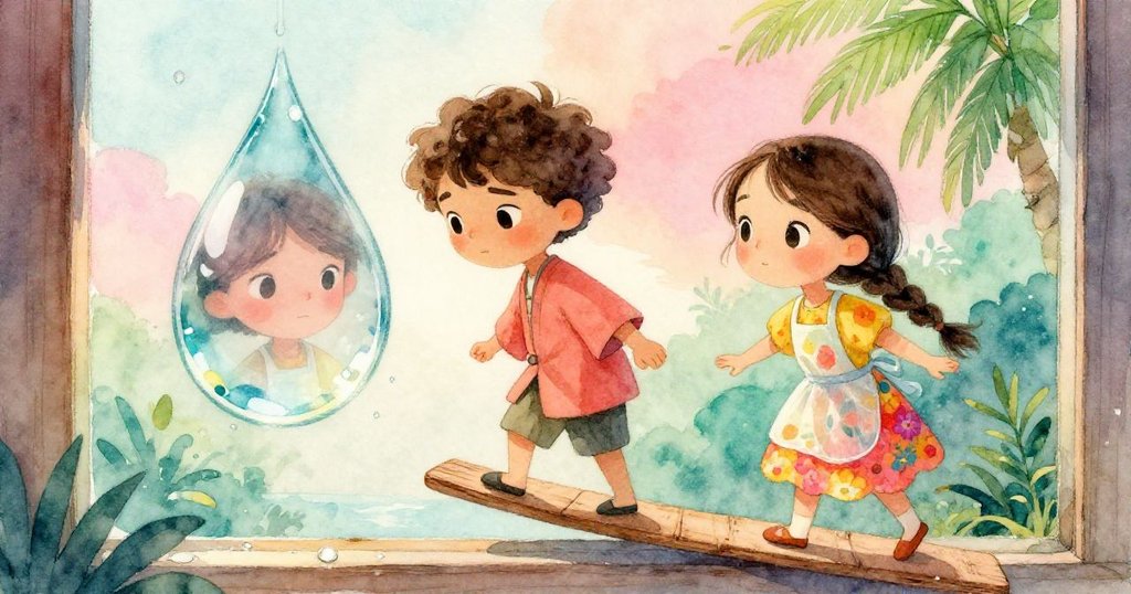 透過木板上的露珠窗，Ben和Mira平衡前行，映出他們堅定表情與自然景致。