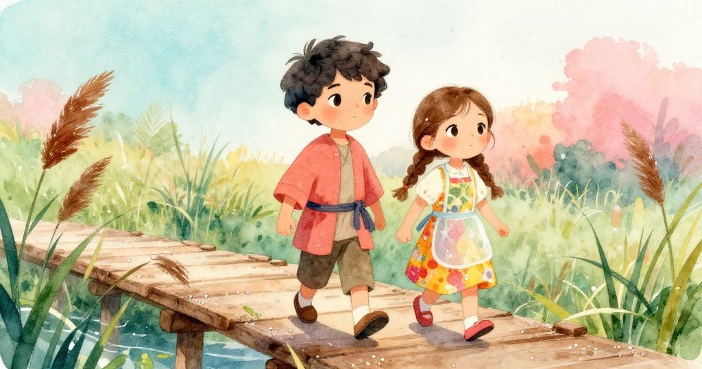 早晨曦光映照濕滑木板上，Ben與Mira小心行走於露水點綴的橋面上，充滿季節氣息。