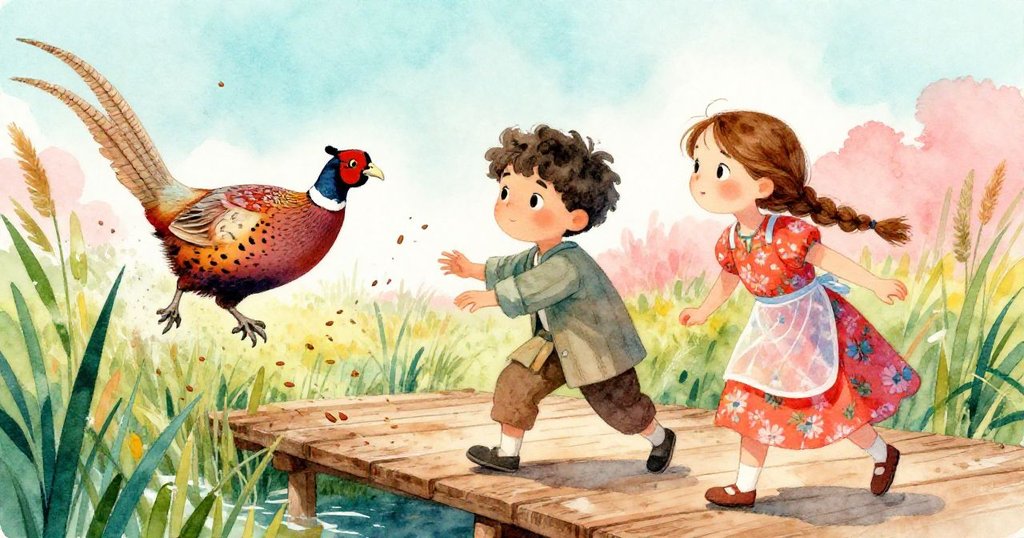 一隻野雞突然從蘆葦中沖出，驚嚇到Ben與Mira，木橋上灑落種子四散飛舞，充滿急促動感。