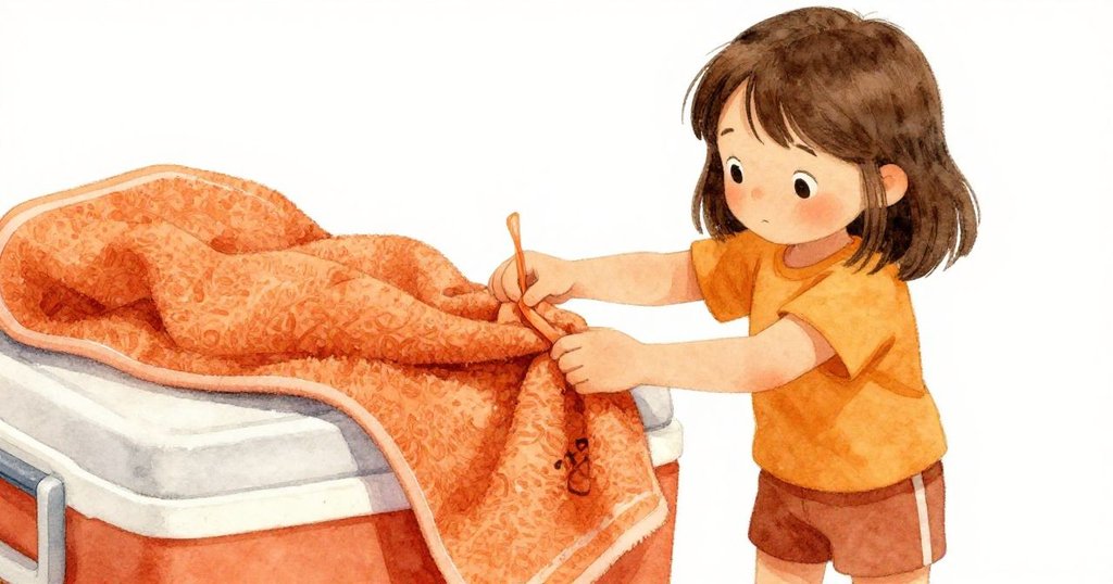 Rae聚精會神地將毛巾綁在冰箱把手上，毛巾質地細緻清晰可見，展現出靈巧與創意。