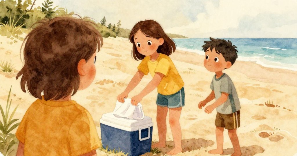 Leo從背後觀察Rae綁毛巾，臉上滿是讚賞和期待，背景沙丘與海浪點綴著溫暖色調。