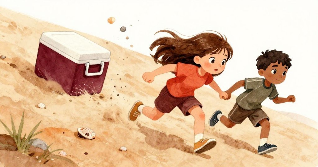 冰箱乘風急滑下沙丘，貝殼飛散，Rae與Leo急跑追趕，場面充滿動感與冒險緊張。