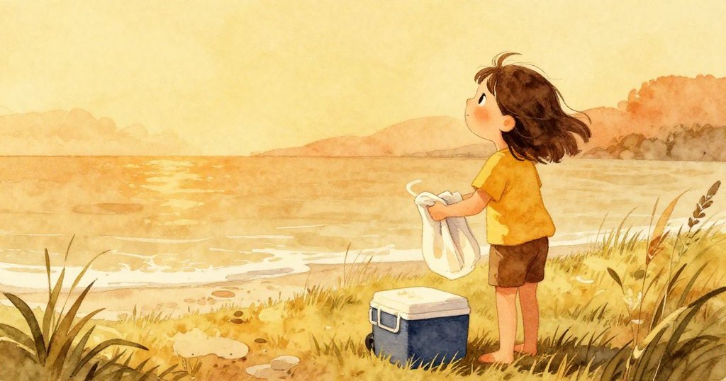 Rae在海草邊整理毛巾後擦拭冰箱，滿臉平靜與希望，凝視著遠方廣闊的海平線。